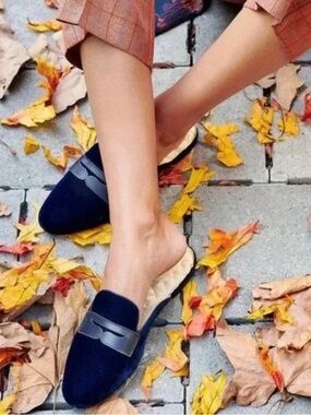 Birdies Phoebe Navy Velvet Penny Loafer Mule Slides Quilted Insole